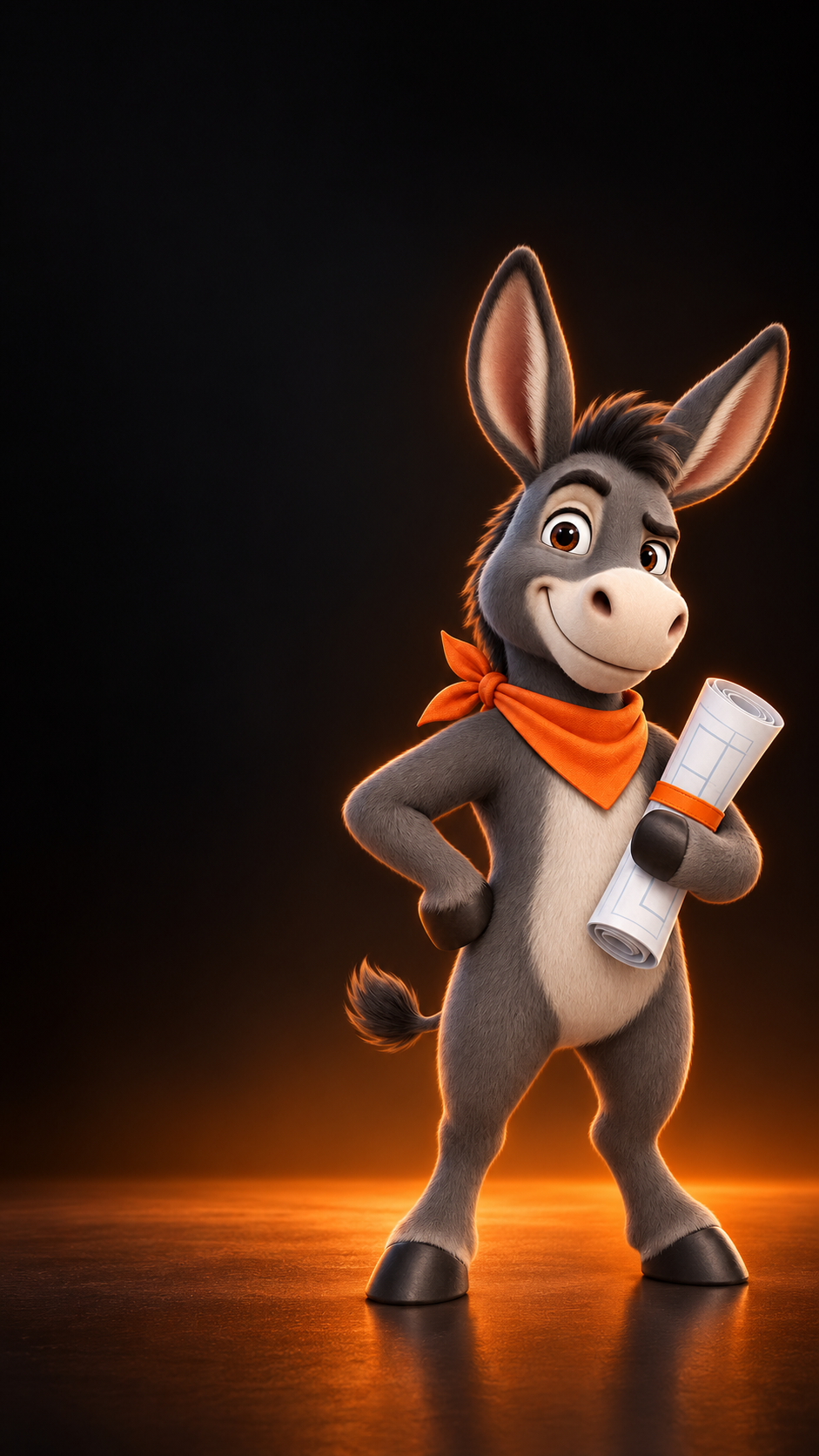 The Honest Donkey holding a rolled business plan